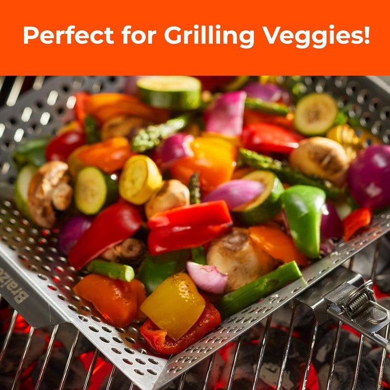 Braize Heavy-Duty Stainless Steel Grill Basket – 12"x13.75" Large BBQ Basket with Removable Handle – Durable Grilling Basket for Vegetables, Fish & Meat – Outdoor Cooking Accessory with 4 Bonus Scrub Sponges - Image 5